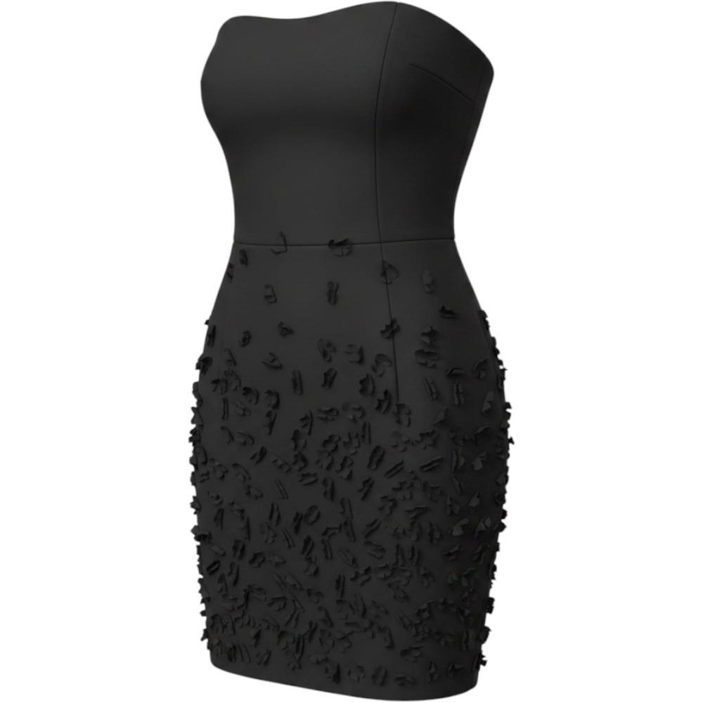 DKNY Black Strapless 3D Floral Applique Cocktail Dress Sz 4